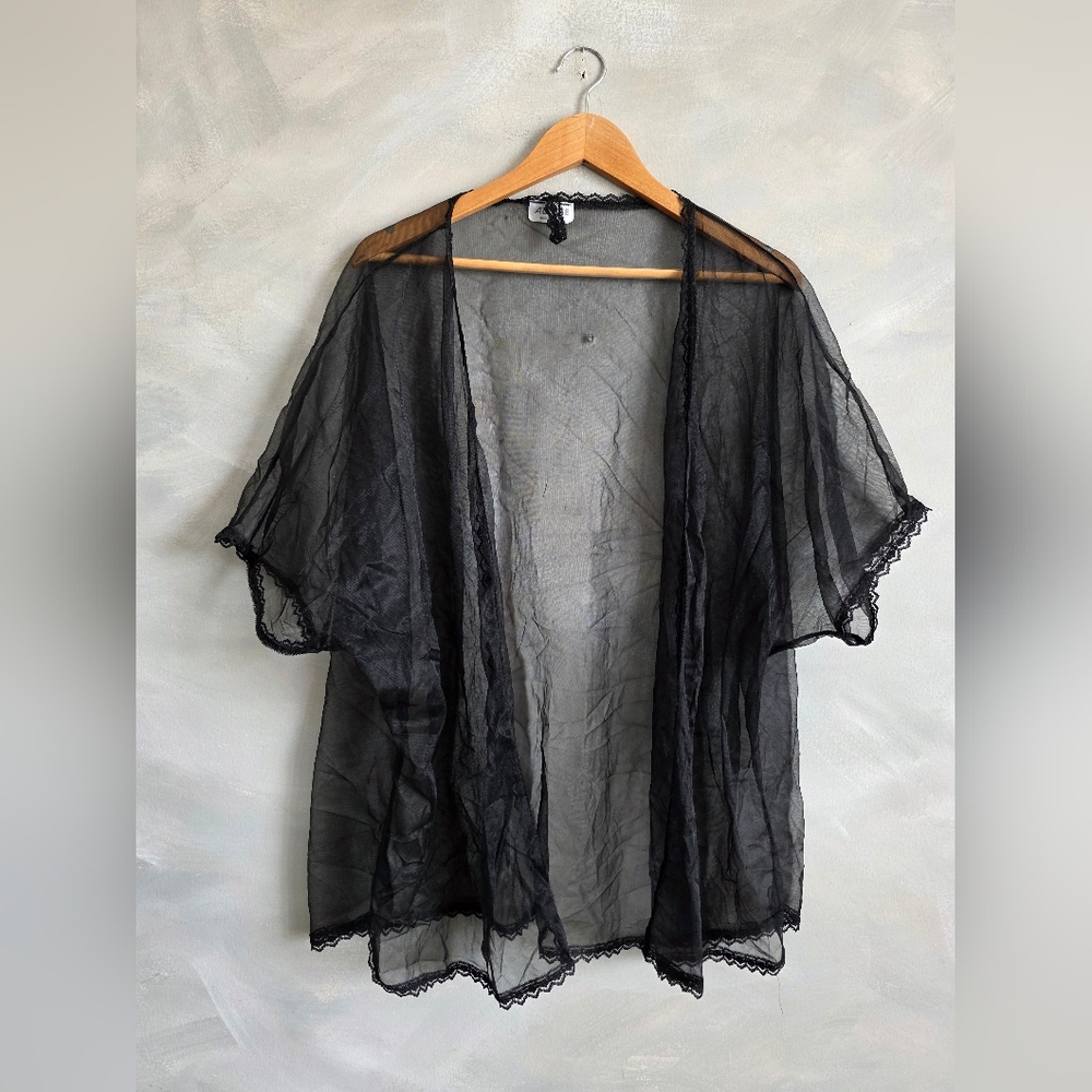 Vintage Black Sheer Chiffon Robe Short Bed Jacket Peignoir Black Lace Trim OS